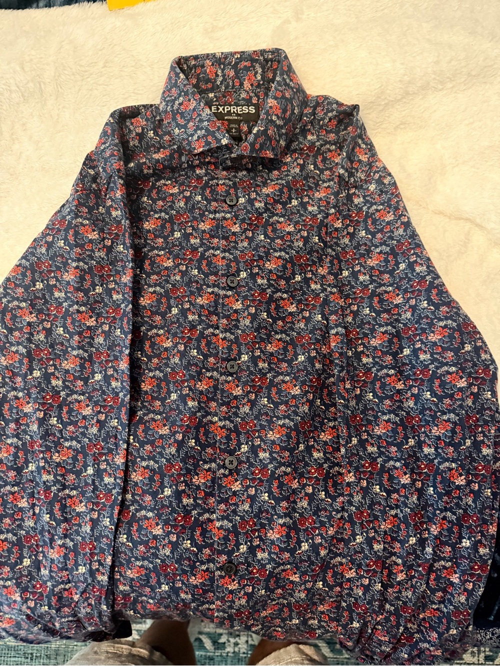 Express Navy Button-Down Shirt with Red Floral Print